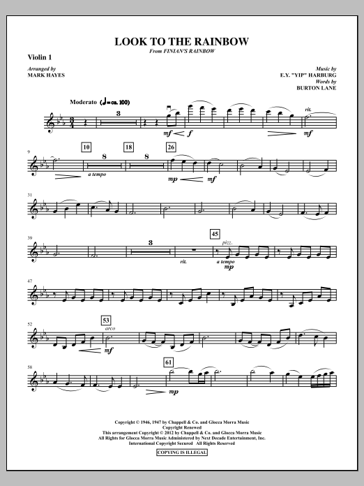 Learn to play Mark Hayes Look To The Rainbow - Violin 1 sheet music for Choir Instrumental Pak in minutes. Price: 8.9900$ Mark Hayes Look To The Rainbow - Violin 1 sheet music notes and chords arranged for Choir Instrumental Pak