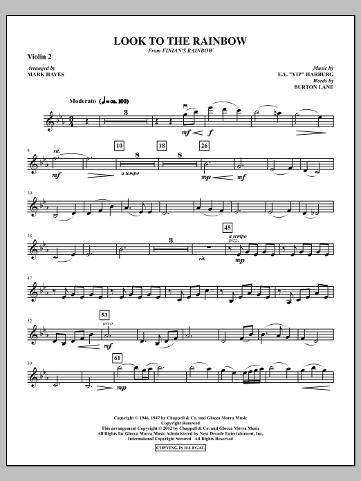 Learn to play Mark Hayes Look To The Rainbow - Violin 2 sheet music for Choir Instrumental Pak in minutes. Price: 8.9900$ Mark Hayes Look To The Rainbow - Violin 2 sheet music notes and chords arranged for Choir Instrumental Pak