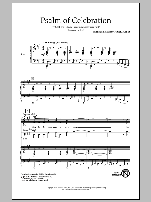 Learn to play Mark Hayes Psalm Of Celebration sheet music for SATB Choir in minutes. Price: 3.9900$ Mark Hayes Psalm Of Celebration sheet music notes and chords arranged for SATB Choir