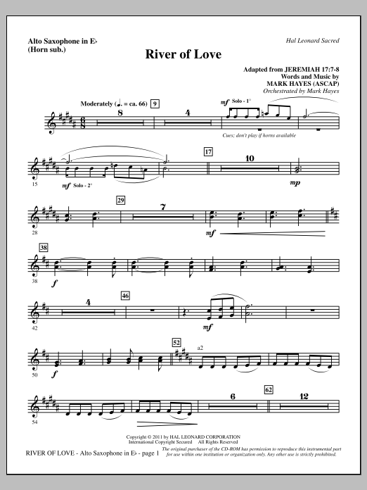 Learn to play Mark Hayes River Of Love - Alto Sax (sub. Horn) sheet music for Choir Instrumental Pak in minutes. Price: 8.9900$ Mark Hayes River Of Love - Alto Sax (sub. Horn) sheet music notes and chords arranged for Choir Instrumental Pak