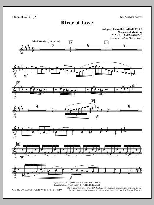Mark Hayes River Of Love - Bb Clarinet 1 & 2 sheet music notes and chords arranged for Choir Instrumental Pak