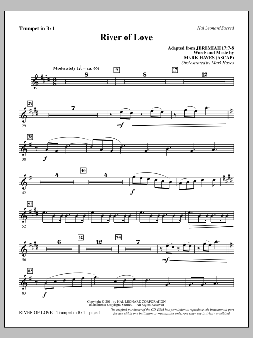 Learn to play Mark Hayes River Of Love - Bb Trumpet 1 sheet music for Choir Instrumental Pak in minutes. Price: 8.9900$ Mark Hayes River Of Love - Bb Trumpet 1 sheet music notes and chords arranged for Choir Instrumental Pak