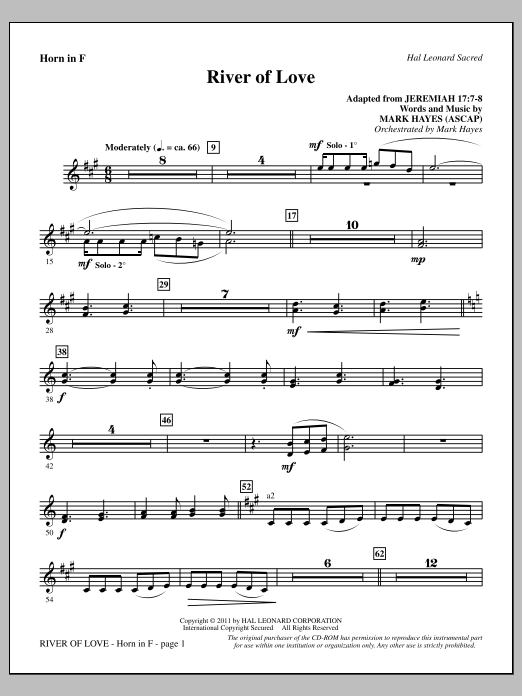Mark Hayes River Of Love - F Horn sheet music notes and chords arranged for Choir Instrumental Pak
