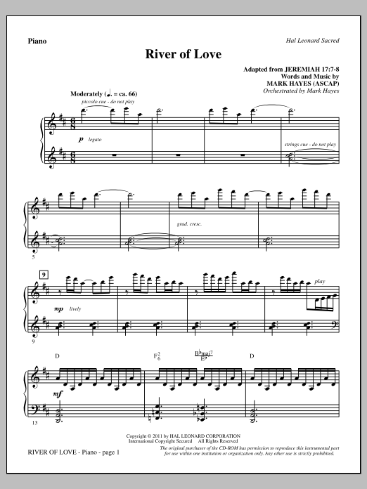 Mark Hayes River Of Love - Piano sheet music notes and chords arranged for Choir Instrumental Pak