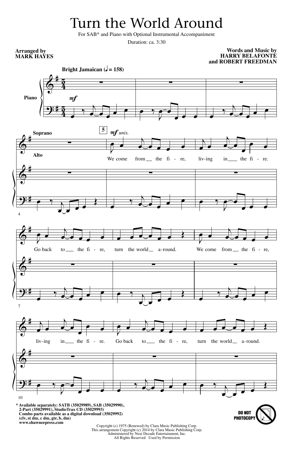 Learn to play Harry Belafonte Turn The World Around (arr. Mark Hayes) sheet music for SAB Choir in minutes. Price: 3.9900$ Harry Belafonte Turn The World Around (arr. Mark Hayes) sheet music notes and chords arranged for SAB Choir