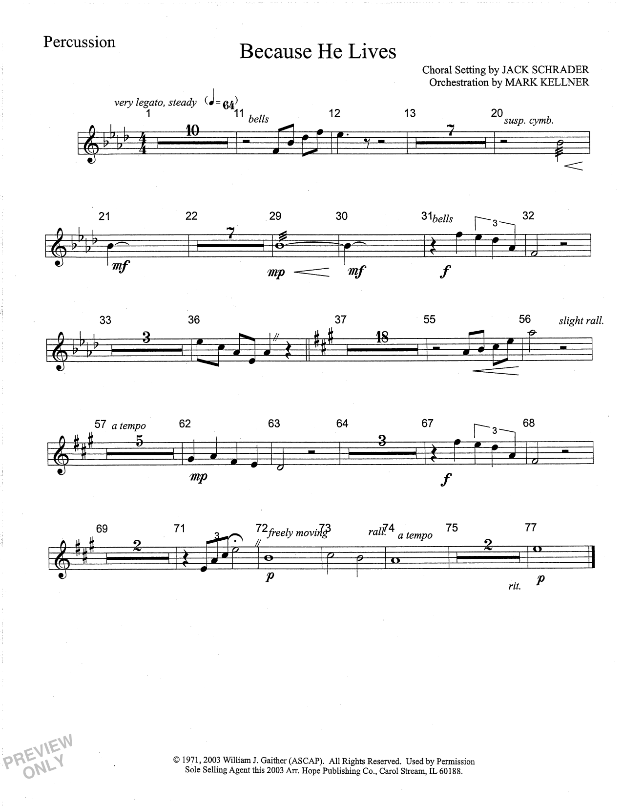 Learn to play Mark Kellner Because He Lives - Percussion sheet music for Choir Instrumental Pak in minutes. Price: 69.9900$ Mark Kellner Because He Lives - Percussion sheet music notes and chords arranged for Choir Instrumental Pak