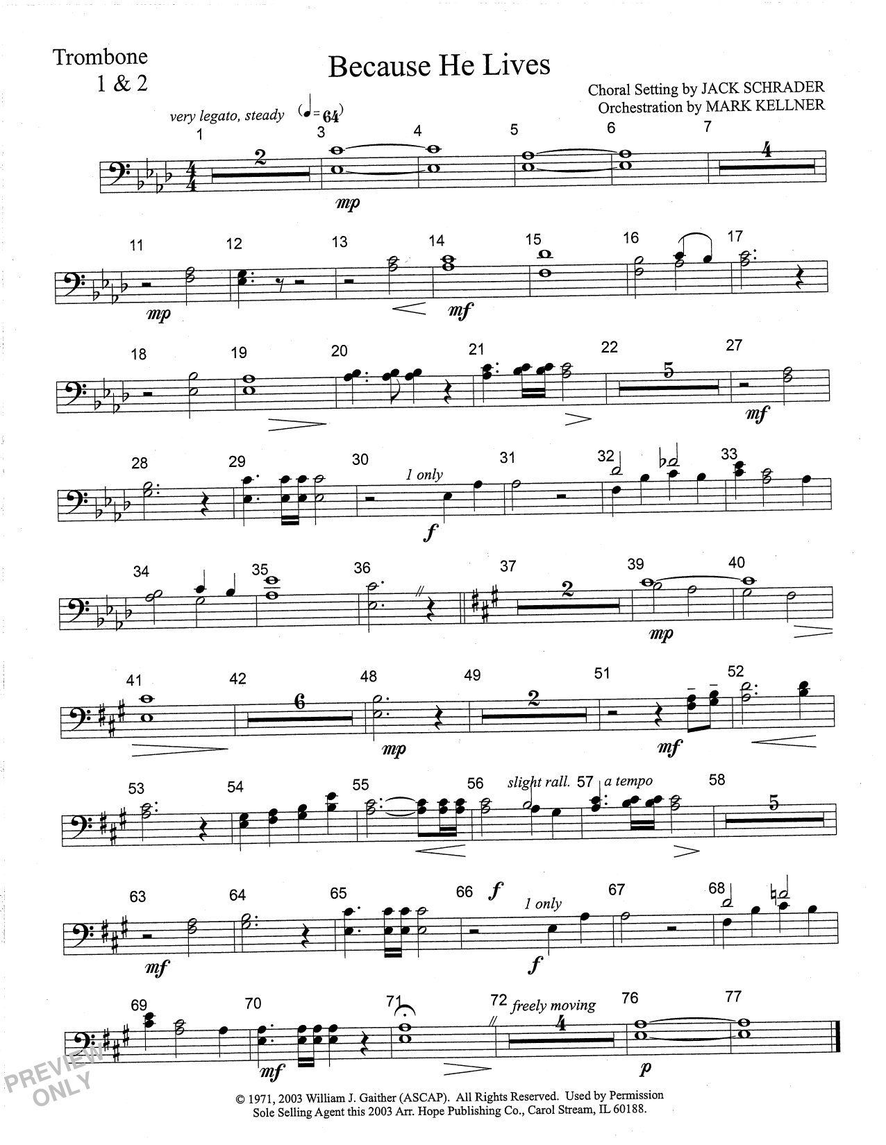 Learn to play Mark Kellner Because He Lives - Trombone 1 & 2 sheet music for Choir Instrumental Pak in minutes. Price: 69.9900$ Mark Kellner Because He Lives - Trombone 1 & 2 sheet music notes and chords arranged for Choir Instrumental Pak