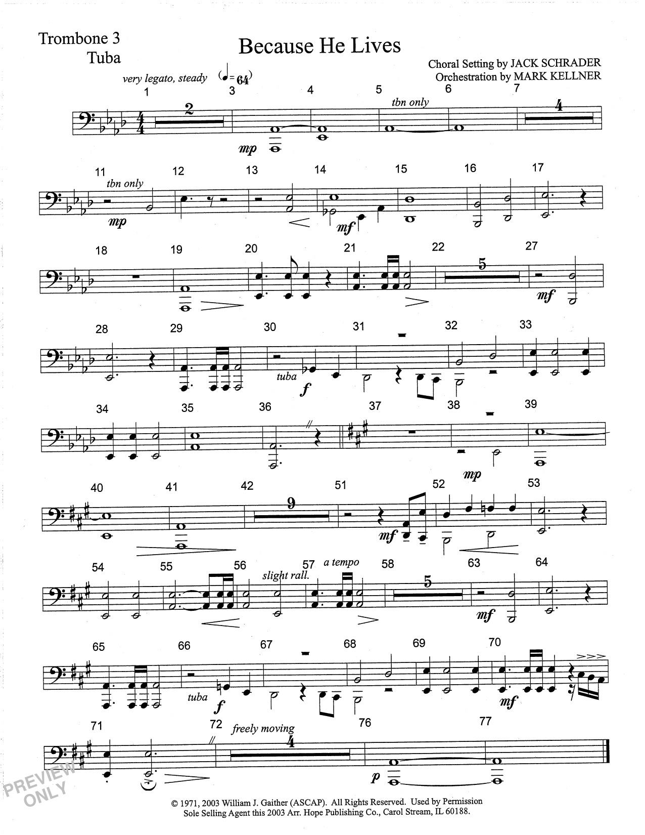 Learn to play Mark Kellner Because He Lives - Trombone 3/Tuba sheet music for Choir Instrumental Pak in minutes. Price: 69.9900$ Mark Kellner Because He Lives - Trombone 3/Tuba sheet music notes and chords arranged for Choir Instrumental Pak