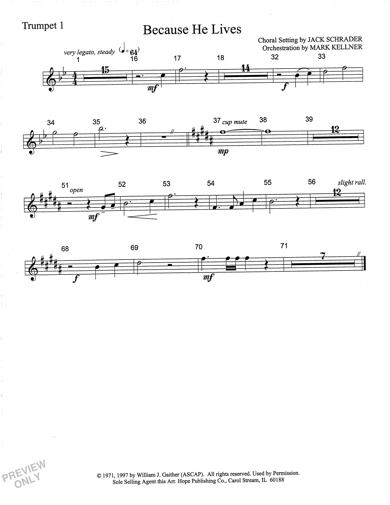Learn to play Mark Kellner Because He Lives - Trumpet 1 sheet music for Choir Instrumental Pak in minutes. Price: 69.9900$ Mark Kellner Because He Lives - Trumpet 1 sheet music notes and chords arranged for Choir Instrumental Pak