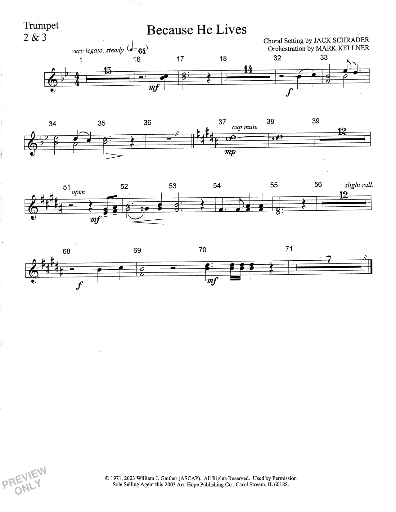 Learn to play Mark Kellner Because He Lives - Trumpet 2 & 3 sheet music for Choir Instrumental Pak in minutes. Price: 69.9900$ Mark Kellner Because He Lives - Trumpet 2 & 3 sheet music notes and chords arranged for Choir Instrumental Pak
