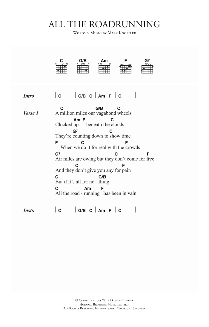 Learn to play Mark Knopfler All The Roadrunning sheet music for Guitar Chords/Lyrics in minutes. Mark Knopfler All The Roadrunning sheet music notes and chords. Download Printable PDF.