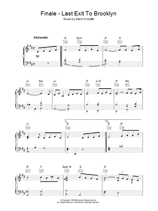 Learn to play Mark Knopfler Finale - Last Exit To Brooklyn sheet music for Piano Solo in minutes. Mark Knopfler Finale - Last Exit To Brooklyn sheet music notes and chords. Download Printable PDF.