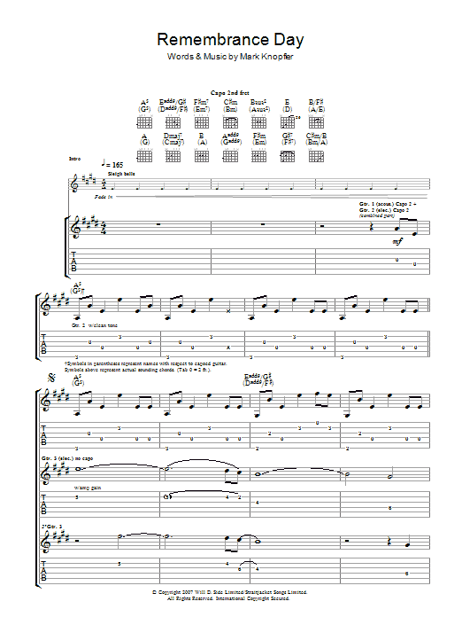 Mark Knopfler Remembrance Day sheet music notes and chords. Download Printable PDF.