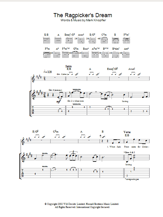 Learn to play Mark Knopfler The Ragpicker's Dream sheet music for Guitar Tab in minutes. Mark Knopfler The Ragpicker's Dream sheet music notes and chords. Download Printable PDF.
