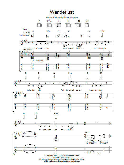 Mark Knopfler The Wanderlust sheet music notes and chords. Download Printable PDF.