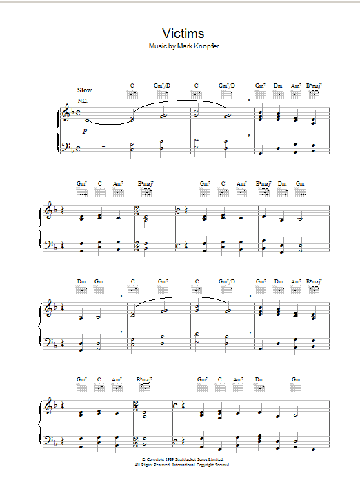 Learn to play Mark Knopfler Victims (from Last Exit To Brooklyn) sheet music for Piano Solo in minutes. Mark Knopfler Victims (from Last Exit To Brooklyn) sheet music notes and chords. Download Printable PDF.