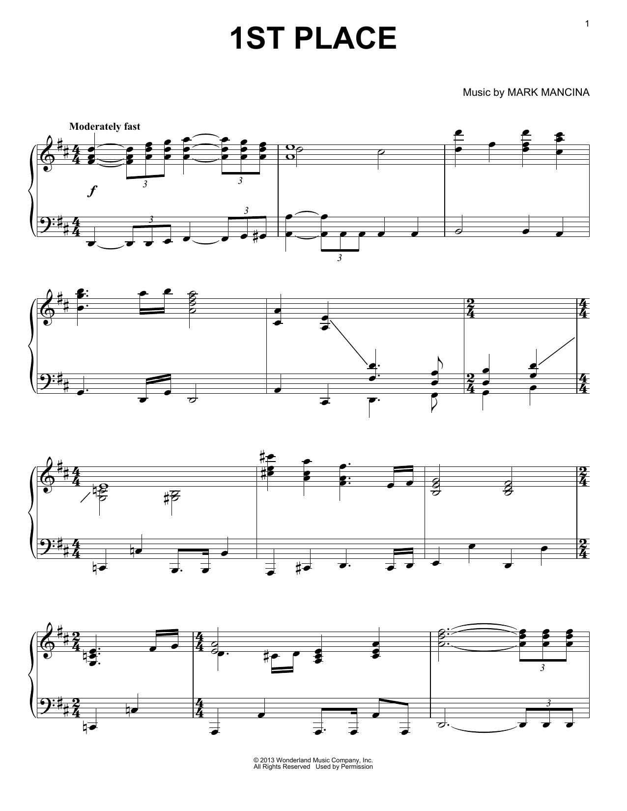 Mark Mancina 1st Place sheet music notes and chords. Download Printable PDF.