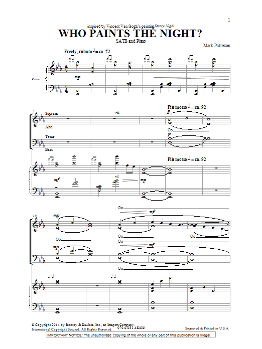 Learn to play Mark Patterson Who Paints The Night? sheet music for SATB Choir in minutes. Price: 3.9900$ Mark Patterson Who Paints The Night? sheet music notes and chords arranged for SATB Choir