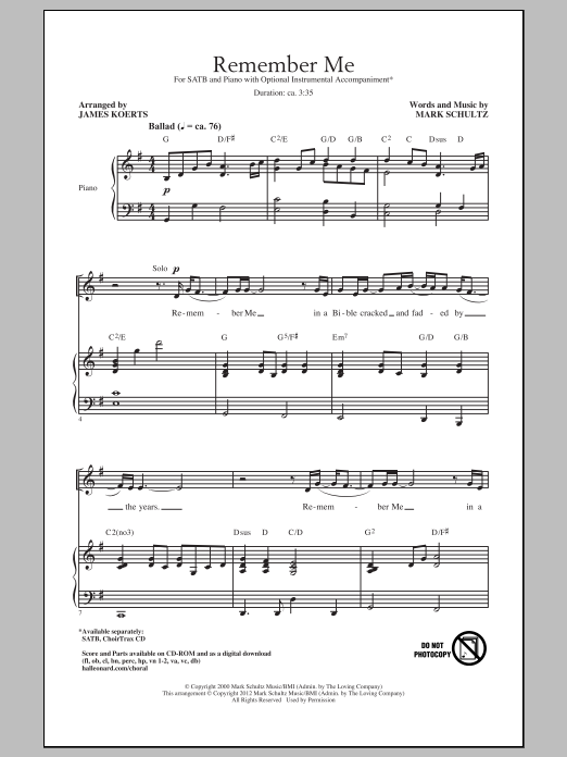 Learn to play Mark Schultz Remember Me sheet music for SATB Choir in minutes. Price: 3.9900$ Mark Schultz Remember Me sheet music notes and chords arranged for SATB Choir