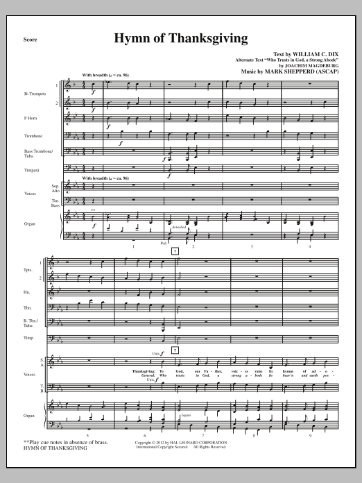 Learn to play Mark Shepperd Hymn Of Thanksgiving - Full Score sheet music for Choir Instrumental Pak in minutes. Price: 8.9900$ Mark Shepperd Hymn Of Thanksgiving - Full Score sheet music notes and chords arranged for Choir Instrumental Pak