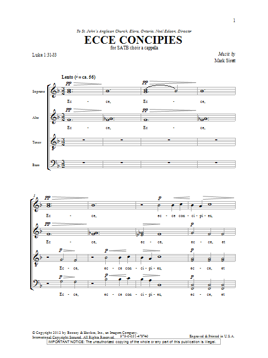 Mark Sirett Ecce Concipies sheet music notes and chords. Download Printable PDF.