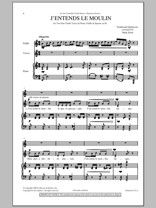 Learn to play Mark Sirett J'entends Le Moulin sheet music for 2-Part Choir in minutes. Price: 3.9900$ Mark Sirett J'entends Le Moulin sheet music notes and chords arranged for 2-Part Choir