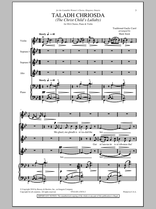 Mark Sirett Taladh Chriosda sheet music notes and chords arranged for SSA Choir