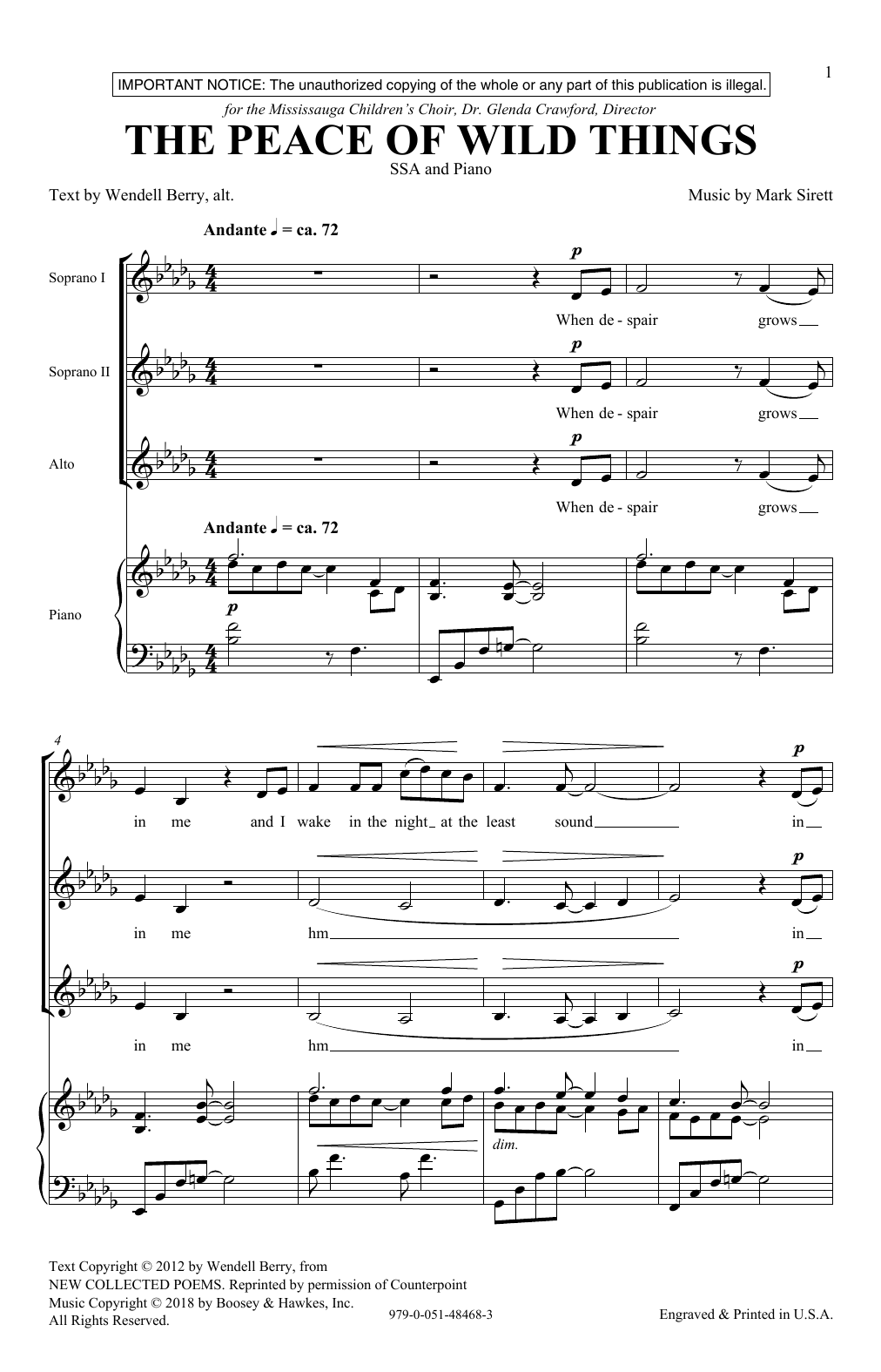 Learn to play Mark Sirett The Peace Of Wild Things sheet music for SSA Choir in minutes. Price: 3.9900$ Mark Sirett The Peace Of Wild Things sheet music notes and chords arranged for SSA Choir