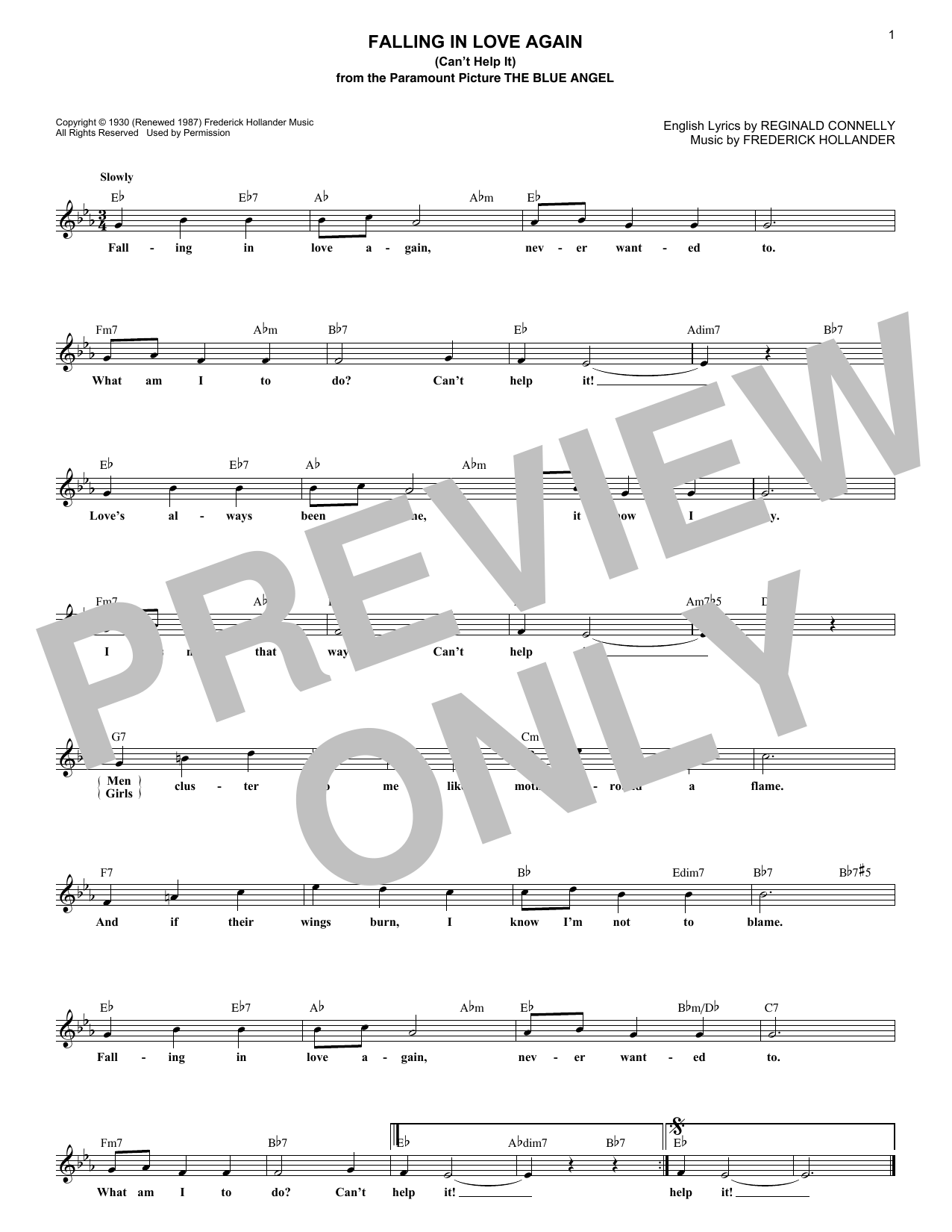 Learn to play Marlene Dietrich Falling In Love Again (Can't Help It) (from The Blue Angel) sheet music for Lead Sheet / Fake Book in minutes. Price: 5.9900$ Marlene Dietrich Falling In Love Again (Can't Help It) (from The Blue Angel) sheet music notes and chords arranged for Lead Sheet / Fake Book