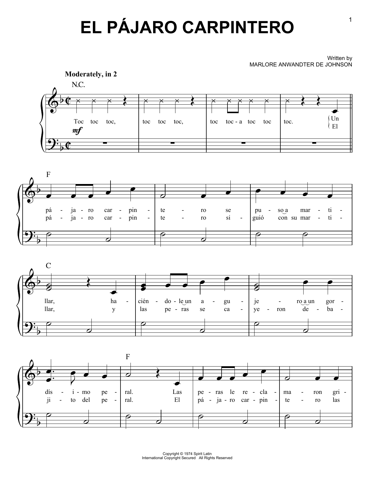 Learn to play Marlore Anwandter de Johnson El Pajaro Carpintero sheet music for Easy Piano in minutes. Price: 6.9900$ Marlore Anwandter de Johnson El Pajaro Carpintero sheet music notes and chords arranged for Easy Piano