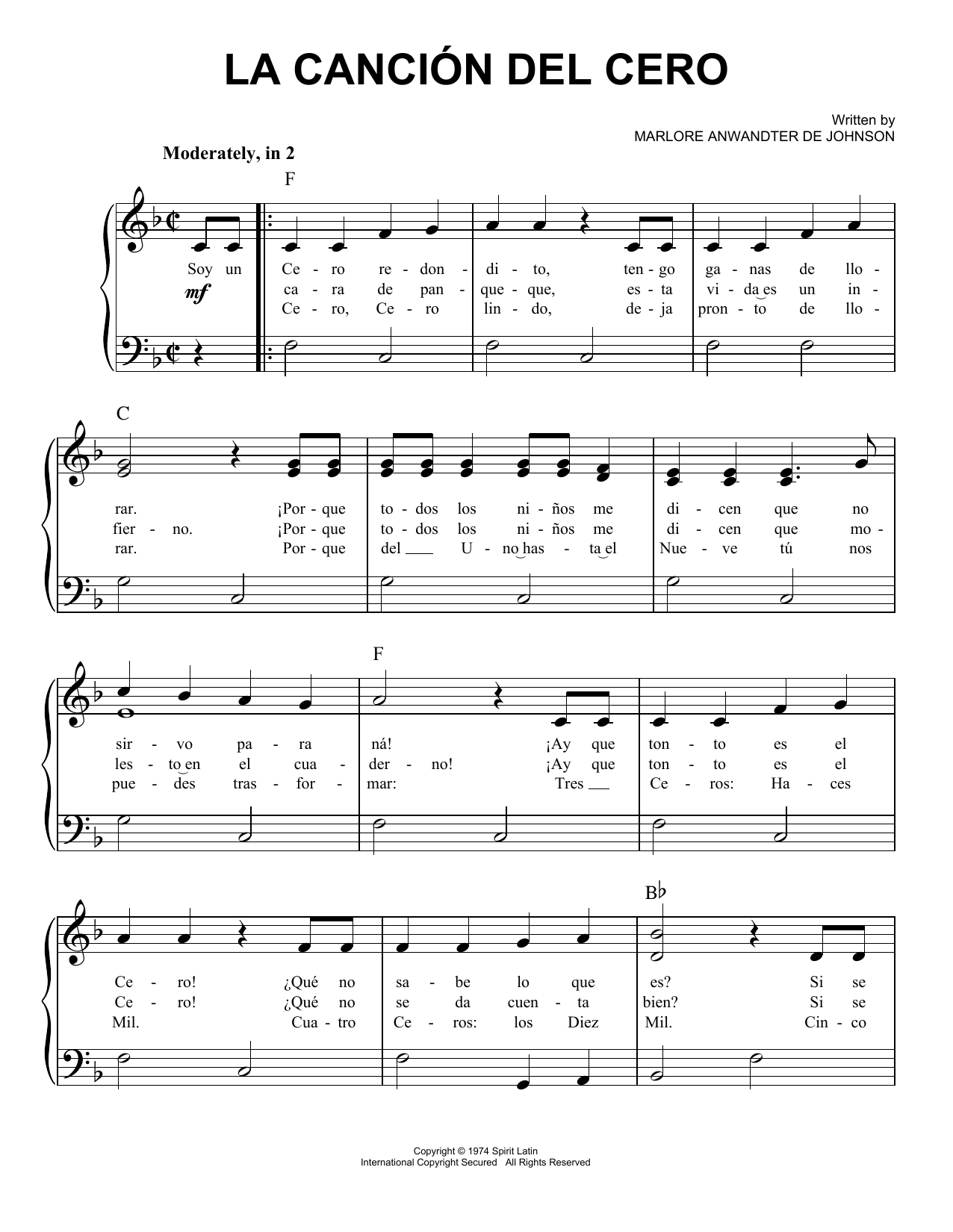 Learn to play Marlore Anwandter de Johnson La Cancion Del Cero sheet music for Easy Piano in minutes. Price: 6.9900$ Marlore Anwandter de Johnson La Cancion Del Cero sheet music notes and chords arranged for Easy Piano