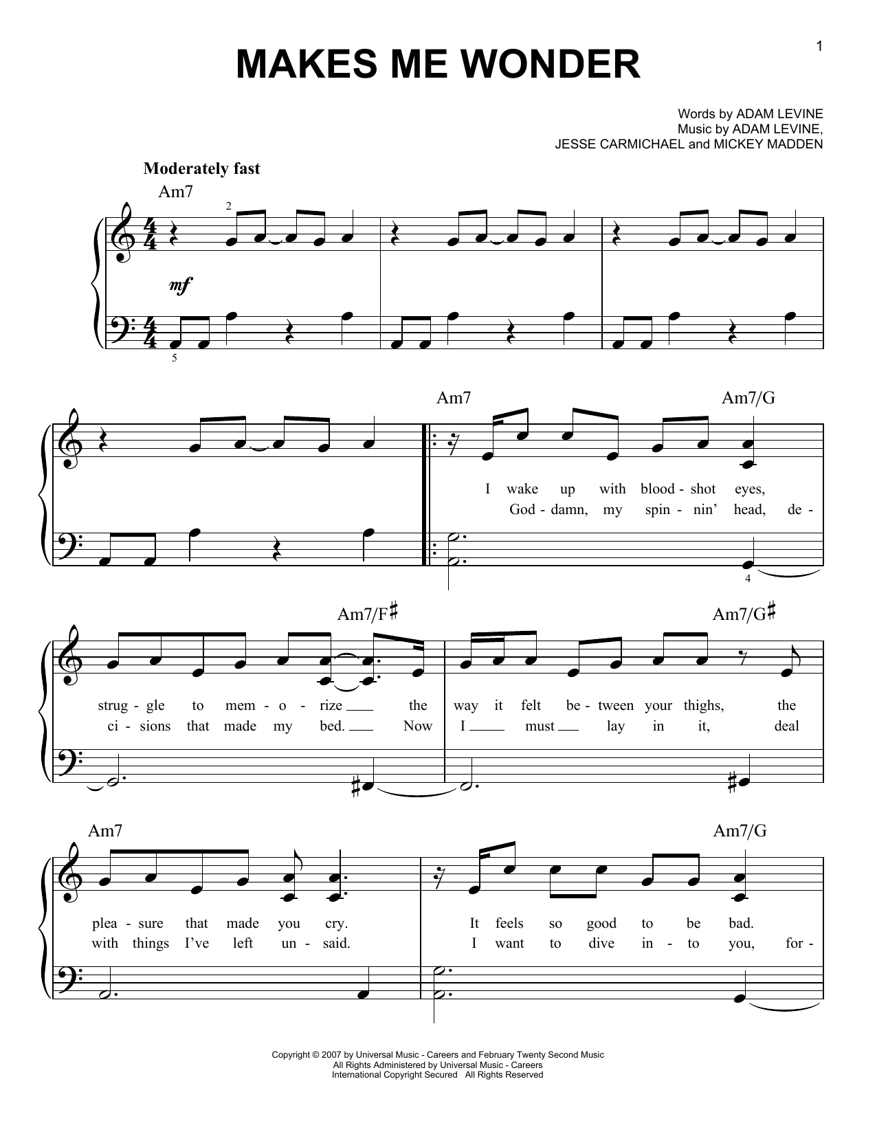 Maroon 5 Makes Me Wonder sheet music notes and chords. Download Printable PDF.