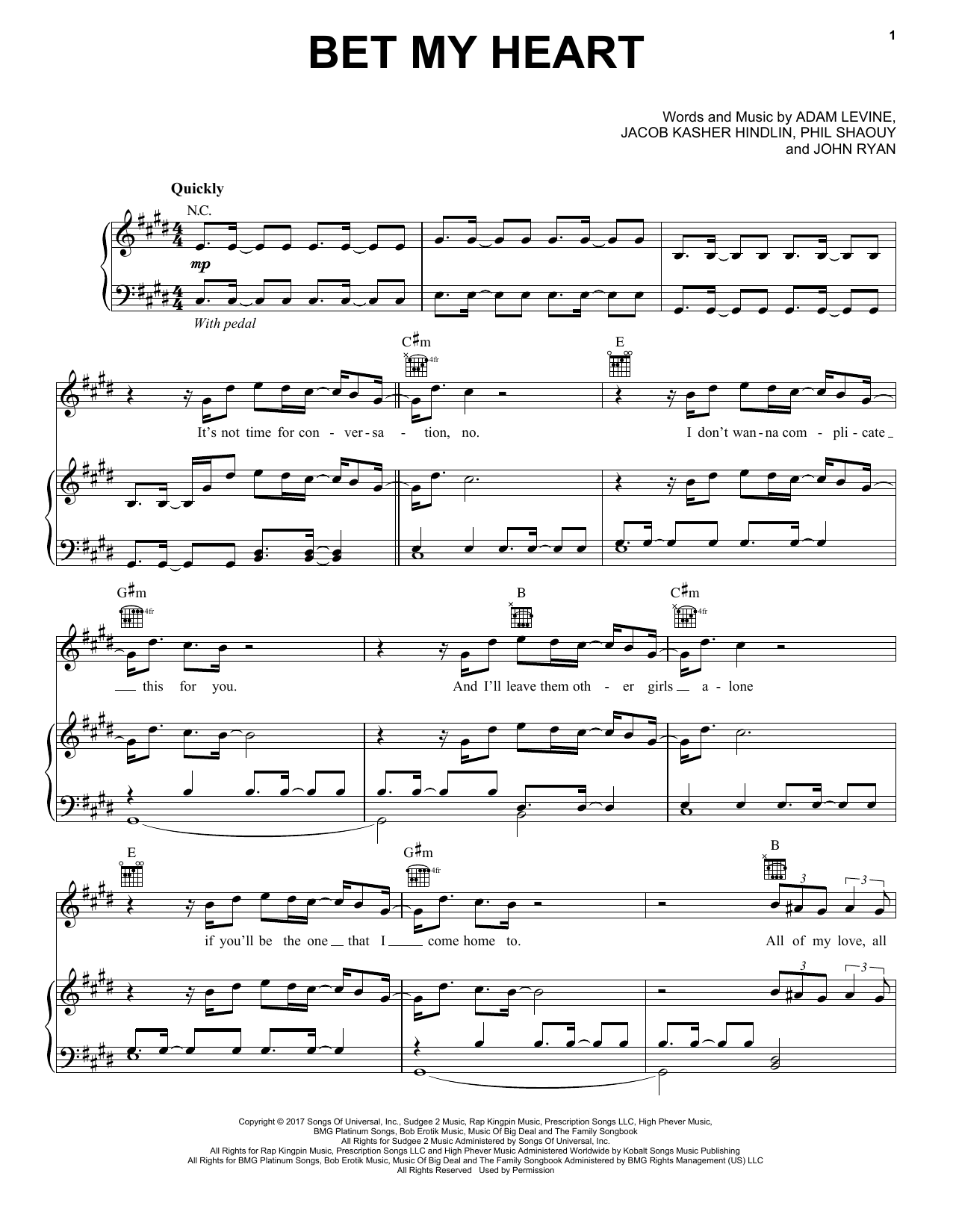 Maroon 5 Bet My Heart sheet music notes and chords. Download Printable PDF.