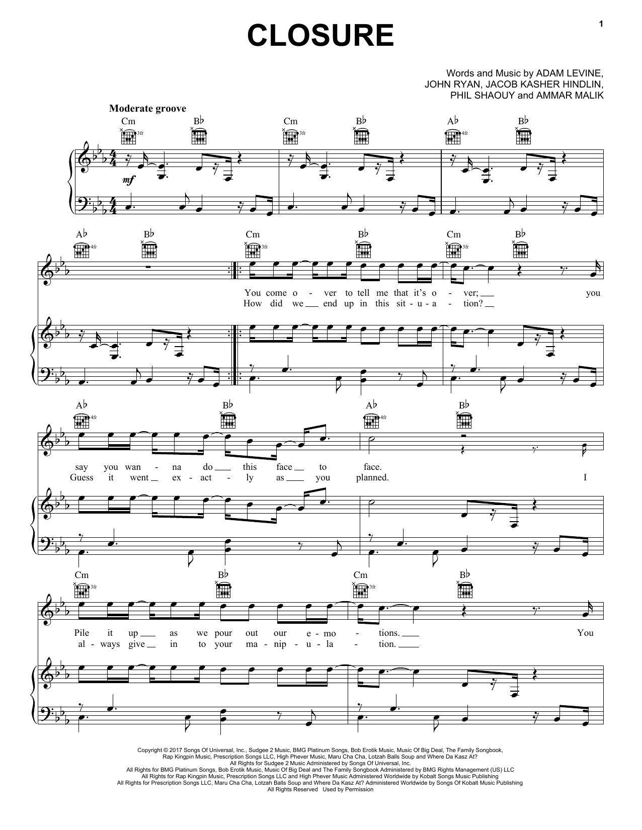 Maroon 5 Closure sheet music notes and chords. Download Printable PDF.