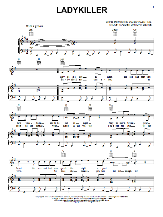 Maroon 5 Ladykiller sheet music notes and chords. Download Printable PDF.