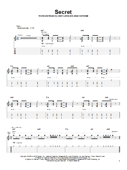 Maroon 5 Secret sheet music notes and chords. Download Printable PDF.