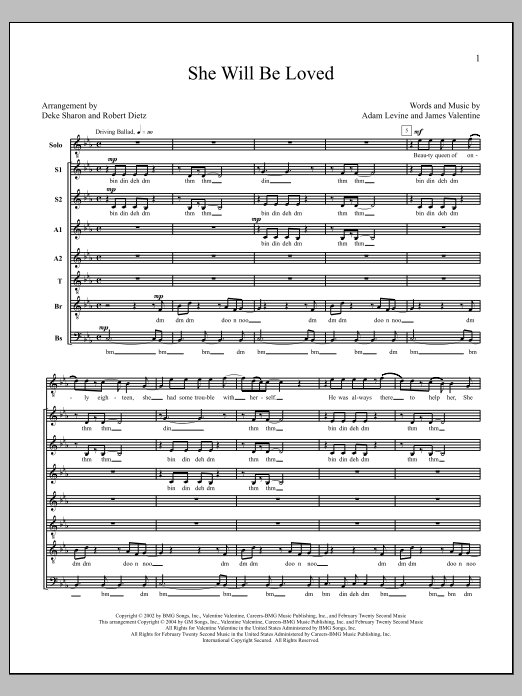 Learn to play Maroon 5 She Will Be Loved (arr. Deke Sharon) sheet music for Choir in minutes. Price: 3.9900$ Maroon 5 She Will Be Loved (arr. Deke Sharon) sheet music notes and chords arranged for Choir