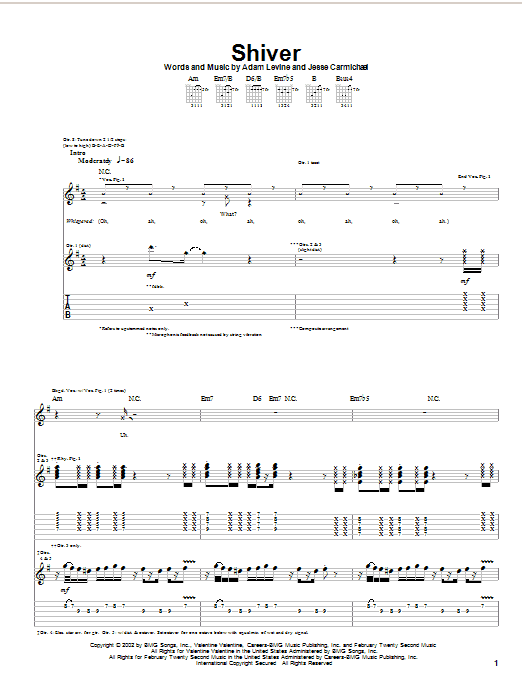 Maroon 5 Shiver sheet music notes and chords. Download Printable PDF.