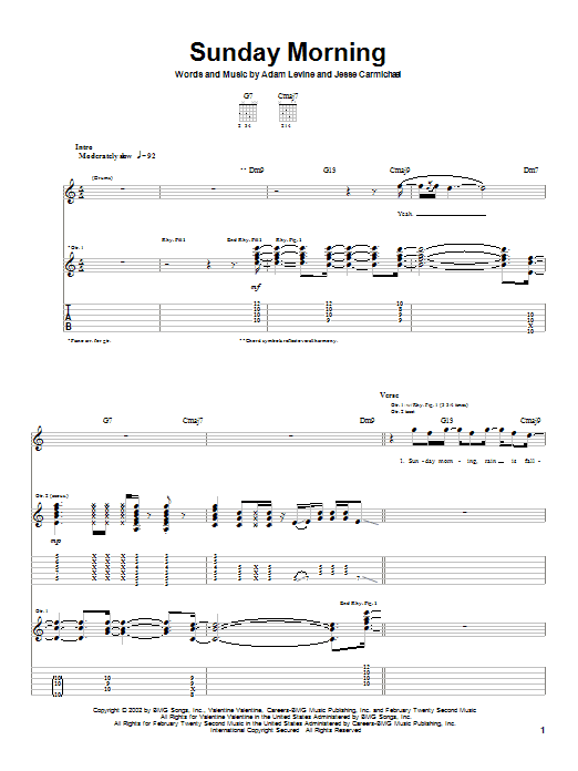 Maroon 5 Sunday Morning sheet music notes and chords. Download Printable PDF.