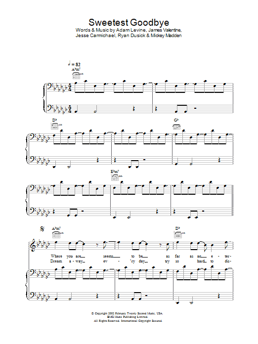 Maroon 5 Sweetest Goodbye sheet music notes and chords. Download Printable PDF.