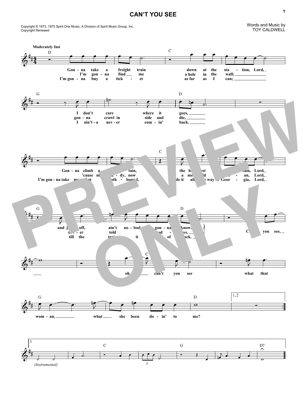 Marshall Tucker Band Can't You See sheet music notes and chords. Download Printable PDF.