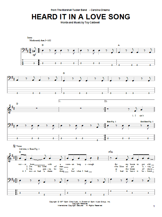 Marshall Tucker Band Heard It In A Love Song sheet music notes and chords. Download Printable PDF.