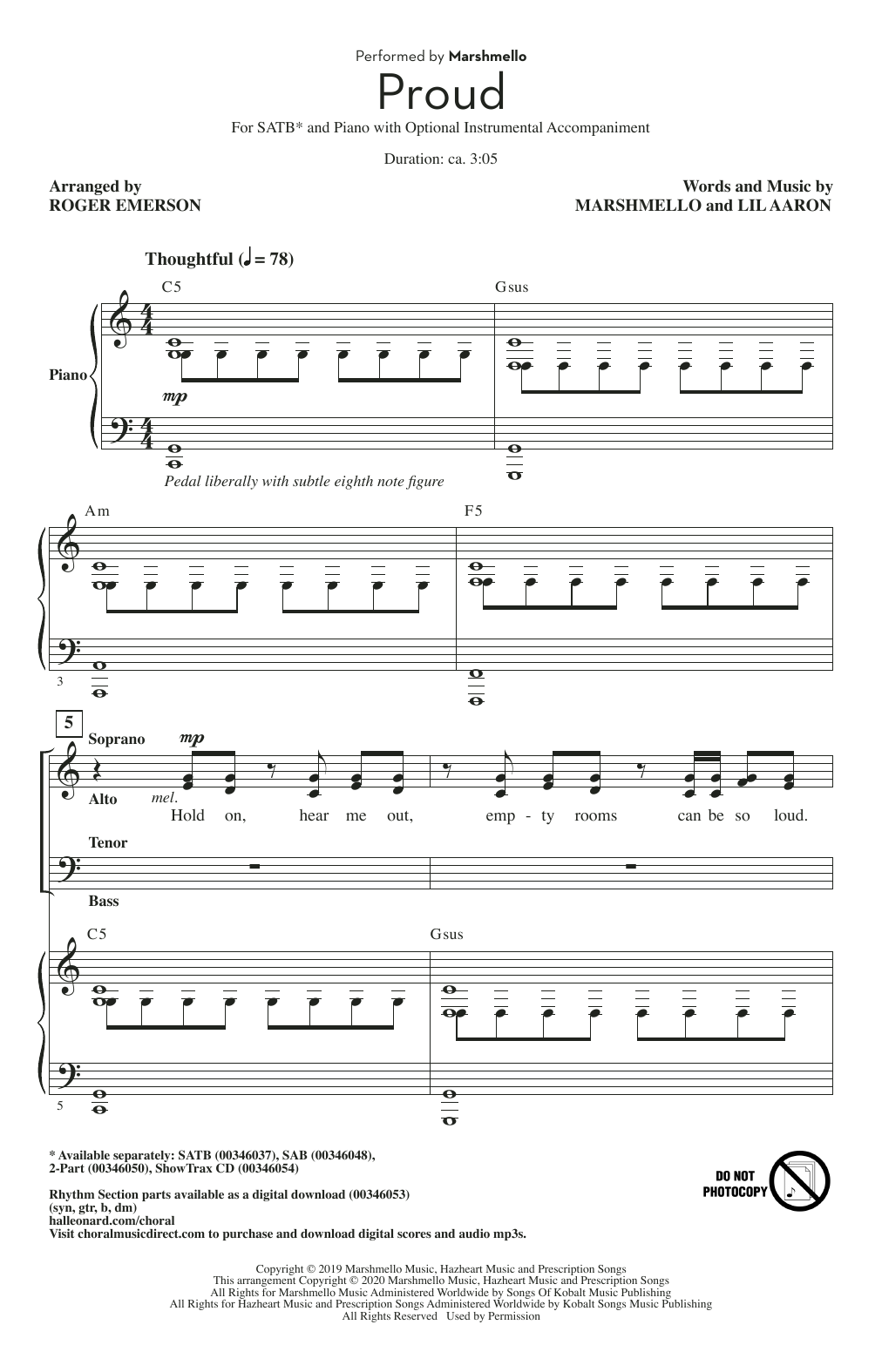 Learn to play Marshmello Proud (arr. Roger Emerson) sheet music for SATB Choir in minutes. Price: 3.9900$ Marshmello Proud (arr. Roger Emerson) sheet music notes and chords arranged for SATB Choir
