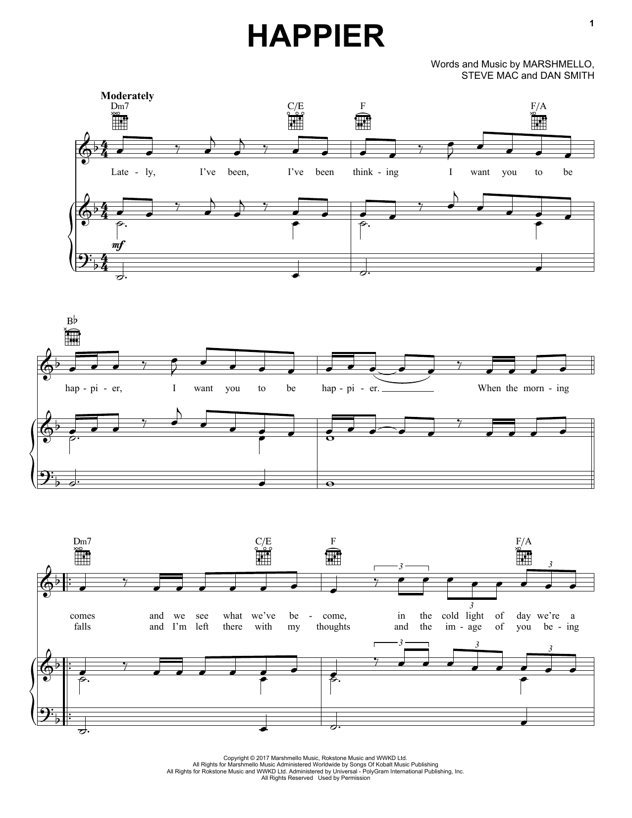 Marshmello Bastille Happier Sheet Music Pdf Notes Chords Pop Score Piano Vocal Guitar Right Hand Melody Download Printable Sku 402988 - marshmallow happier roblox id code youtube