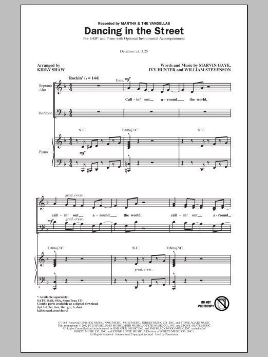 Learn to play Martha & The Vandellas Dancing In The Street (arr. Kirby Shaw) sheet music for SAB Choir in minutes. Martha & The Vandellas Dancing In The Street (arr. Kirby Shaw) sheet music notes and chords. Download Printable PDF.