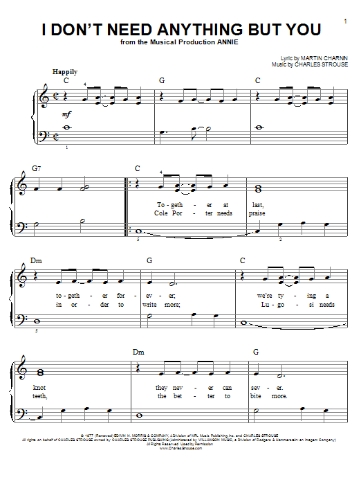 Learn to play Martin Charnin I Don't Need Anything But You sheet music for Easy Piano in minutes. Price: 6.9900$ Martin Charnin I Don't Need Anything But You sheet music notes and chords arranged for Easy Piano
