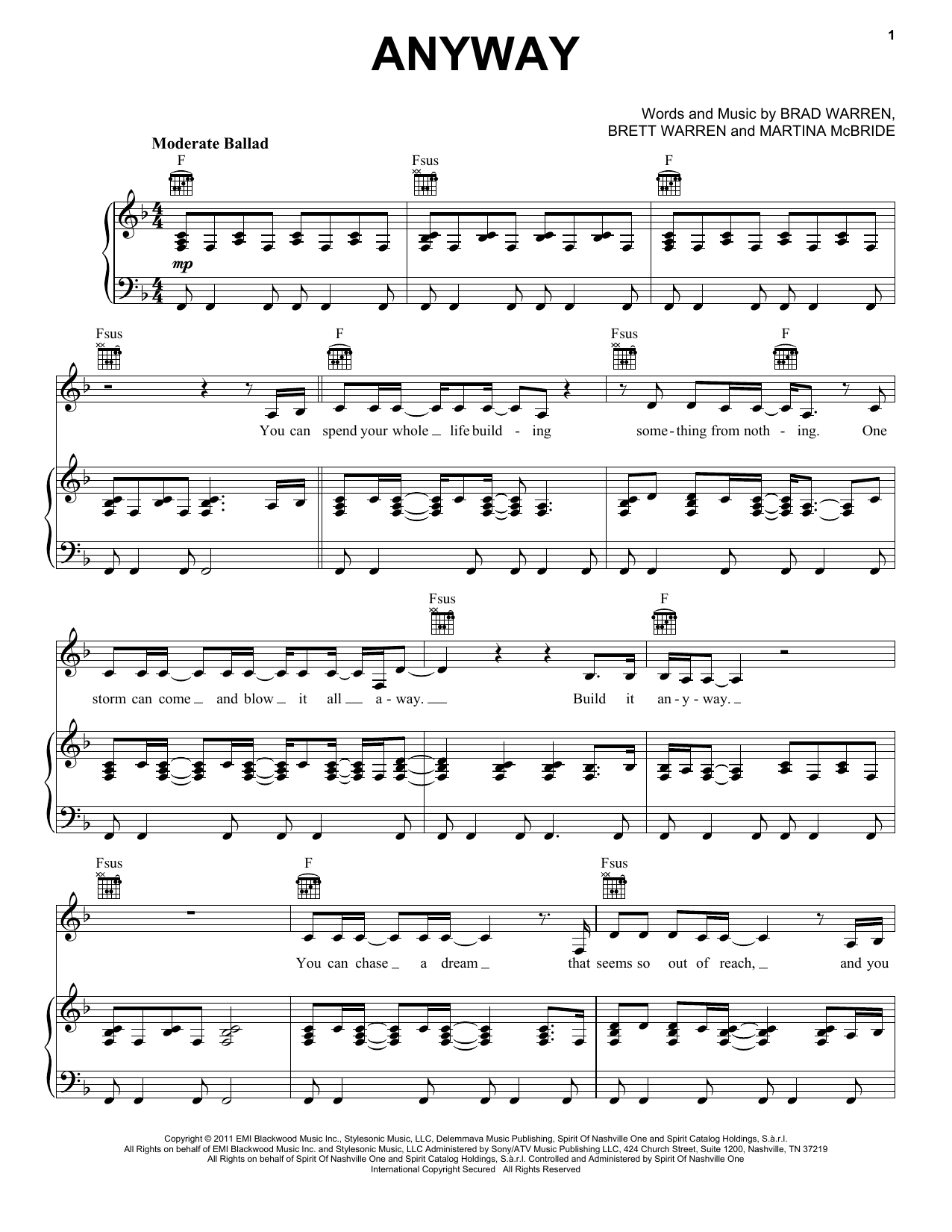 Martina McBride Anyway sheet music notes and chords. Download Printable PDF.