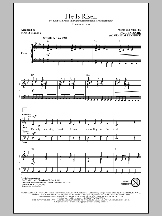 Marty Hamby He Is Risen sheet music notes and chords. Download Printable PDF.