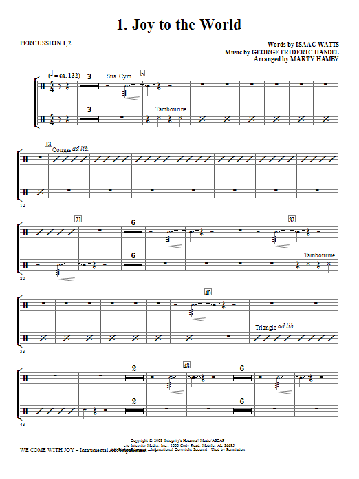 Learn to play Marty Hamby We Come With Joy Orchestration - Percussion 1 & 2 sheet music for Choir Instrumental Pak in minutes. Price: 26.9700$ Marty Hamby We Come With Joy Orchestration - Percussion 1 & 2 sheet music notes and chords arranged for Choir Instrumental Pak