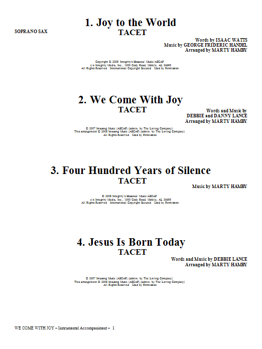 Learn to play Marty Hamby We Come With Joy Orchestration - Soprano Sax sheet music for Choir Instrumental Pak in minutes. Price: 26.9700$ Marty Hamby We Come With Joy Orchestration - Soprano Sax sheet music notes and chords arranged for Choir Instrumental Pak